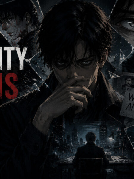 Dark atmospheric scene of a lone figure facing fragmented memories in a cinematic comic style