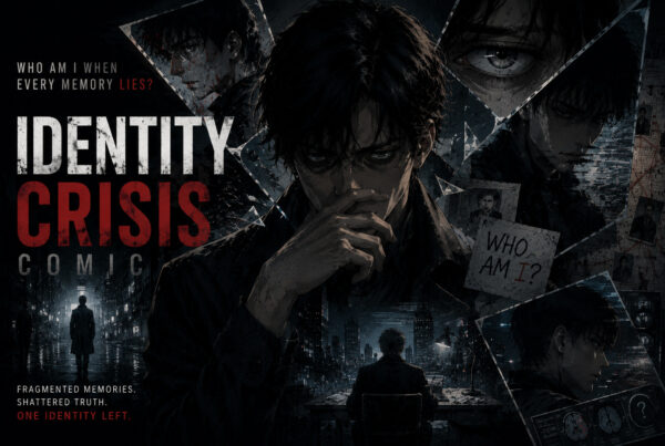 Dark atmospheric scene of a lone figure facing fragmented memories in a cinematic comic style