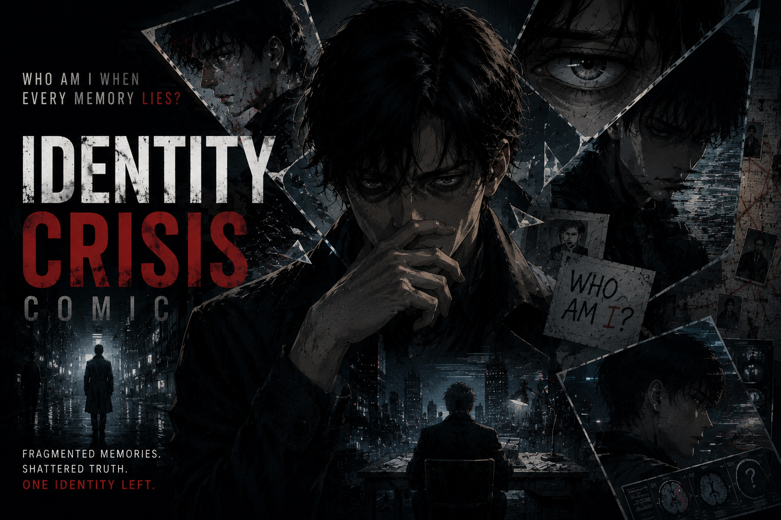 Dark atmospheric scene of a lone figure facing fragmented memories in a cinematic comic style