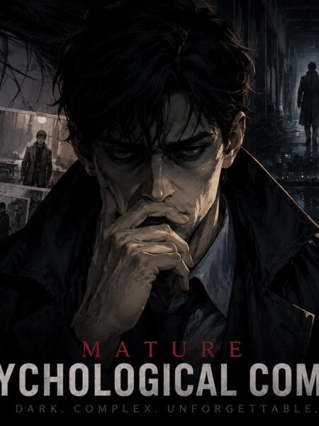 Dark cinematic scene of a detective in a rain-soaked city street at night, embodying the essence of mature psychological comics and noir mystery.