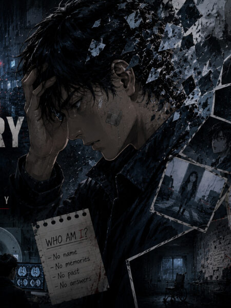 Dark atmospheric scene of a lone figure surrounded by fragmented memories in a noir cityscape