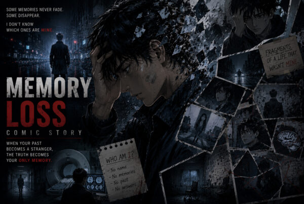 Dark atmospheric scene of a lone figure surrounded by fragmented memories in a noir cityscape