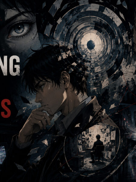 Dark and atmospheric comic scene depicting a mysterious figure surrounded by fragmented memories and shadowy silhouettes