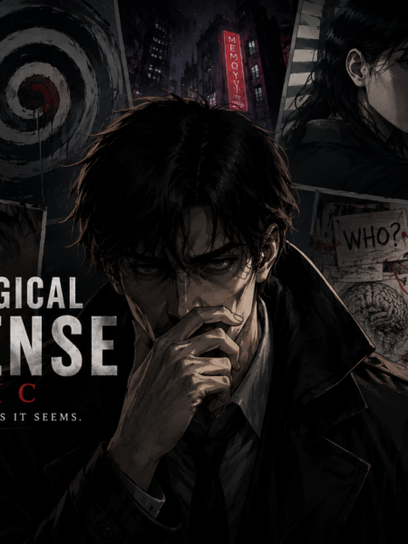 Dark, atmospheric scene of a detective in shadowed city streets, evoking psychological suspense and noir mystery comic vibes