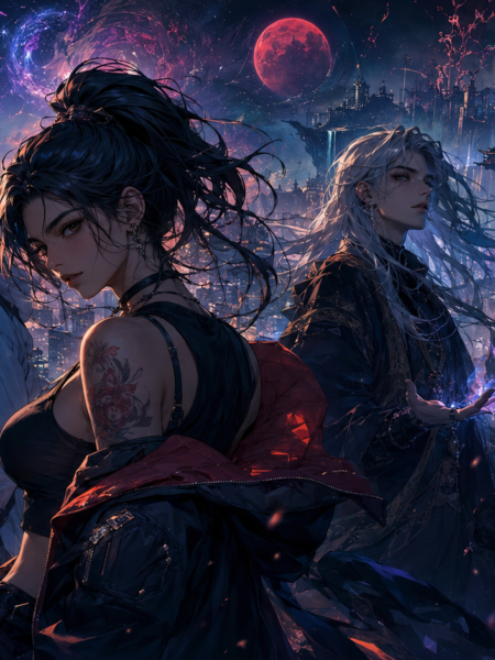 Cinematic mobile artwork of characters displayed on a smartphone screen reading comics