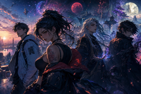 Cinematic mobile artwork of characters displayed on a smartphone screen reading comics