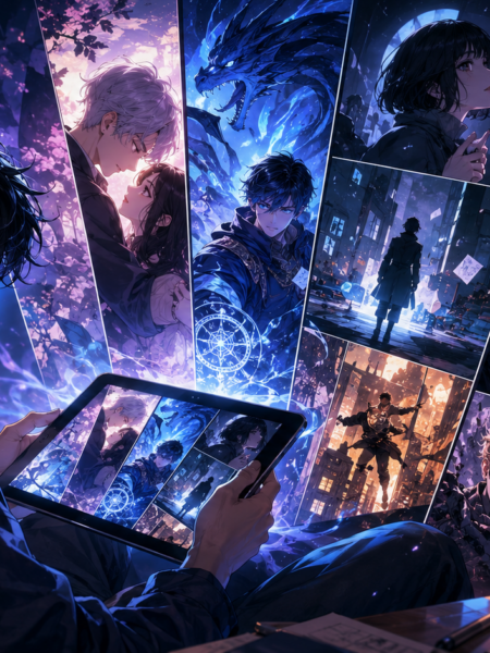 Mobile phone displaying vertical online comics panels with cinematic art and diverse characters