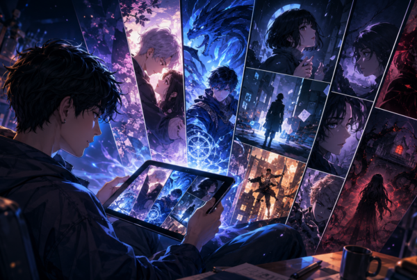 Mobile phone displaying vertical online comics panels with cinematic art and diverse characters