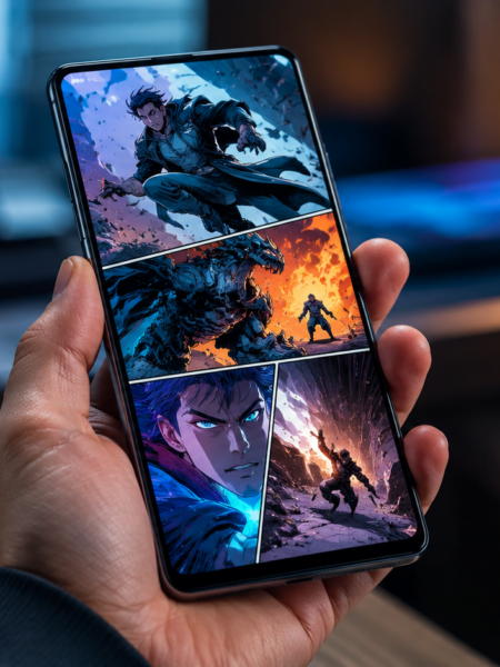 A cinematic mobile comic displayed on a smartphone with vertical panels and vivid artwork — mobile comics design